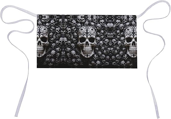 Simple Pocket Apron Multi Functional Waterproof Half Waist Apron Black And White Skulls Printed Half Apron with 3 Pockets for Kitchen Cooking Baking 23.6 X 11.8 In