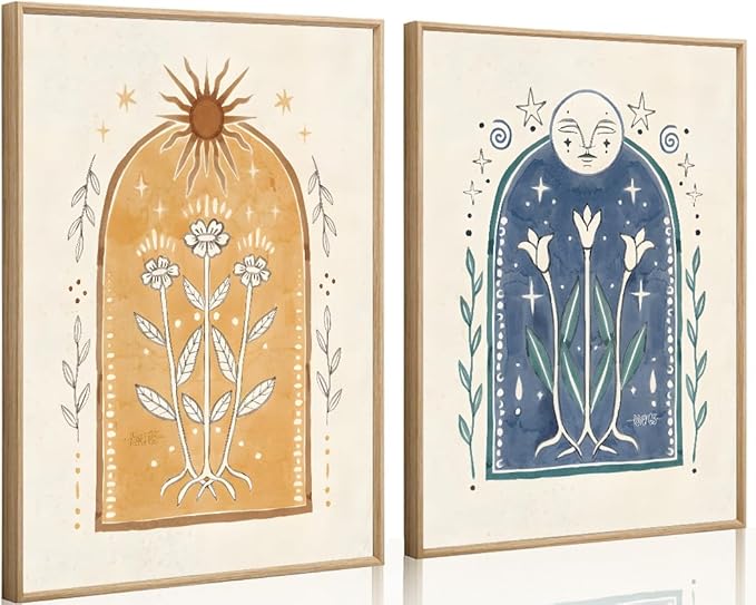 2 Pcs Tarot Wall Art Mystical Astrology Canvas Wall Decor Sun Moon Pictures Prints Posters Vintage Blue Yellow Spiritual Paintings Celestial Sunflowers Artwork for Bedroom Home Decorations Unframed