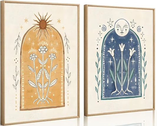 2 Pcs Tarot Wall Art Mystical Astrology Canvas Wall Decor Sun Moon Pictures Prints Posters Vintage Blue Yellow Spiritual Paintings Celestial Sunflowers Artwork for Bedroom Home Decorations Unframed