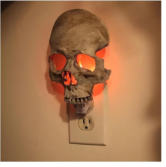 Skull Night Light Skeletons Halloween Decoration Human Skull Light for Wall, Skull Halloween Lamp Plug-Into Wall with Flame Atmosphere for Halloween Decoration Party and Home Décor