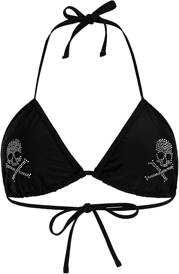 Women's Goth Skull Triangle Halter Bikini Top Rhinestone Tie Back Swimsuit Tops Swimwear