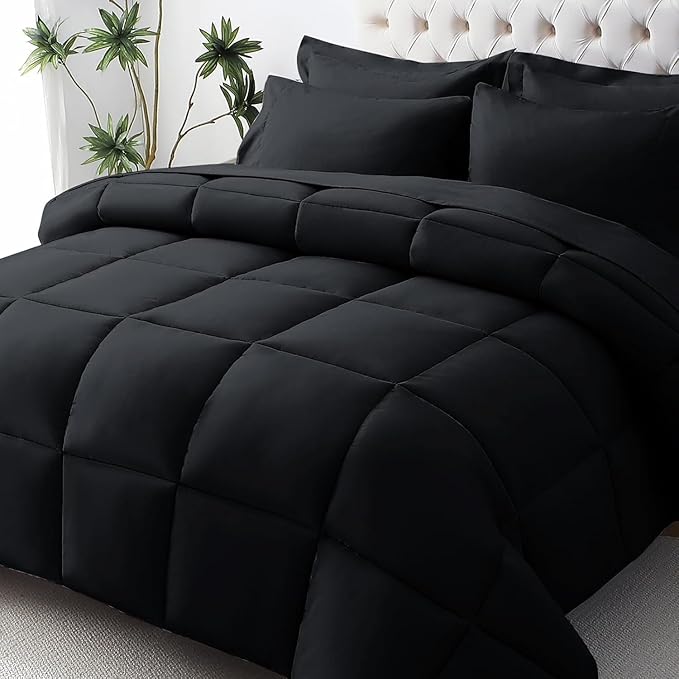 JOLLYVOGUE King Comforter Set, Ultra-Soft Bed in a Bag King Size 7 Pieces, Oeko-TEX Certified Bedding Set with Down Alternative Comforter, Sheets, Pillowcases & Shams, Black