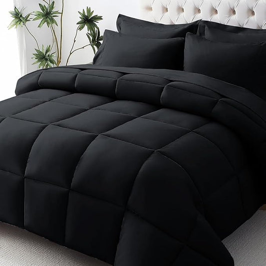 JOLLYVOGUE King Comforter Set, Ultra-Soft Bed in a Bag King Size 7 Pieces, Oeko-TEX Certified Bedding Set with Down Alternative Comforter, Sheets, Pillowcases & Shams, Black