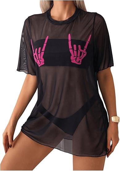 Women's Skull Hand Print Beach Cover Ups Swimsuit Vintage Short Sleeve Crew Neck Mini Dress