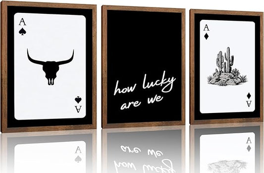 Black Western Wall Art Set of 3, Cowboy Playing Card Wall Decor, Longhorn Bull Skull and “How Lucky Are We” Poster Canvas Painting Prints for Bedroom Bar Game Room Home Decor, 12x16 Inch Unframed