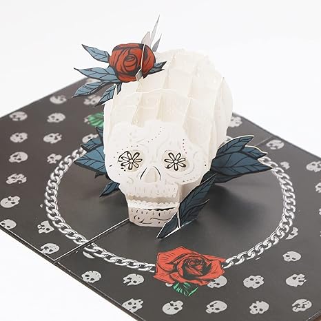Rose Skull EkiShoal Skull Valentines Cards, Pop Up Card with Envelopes, Handmade Dia de los Muertos Card for Spooky Surprise, Day of the Dead, Funny Gift(7" x 5")