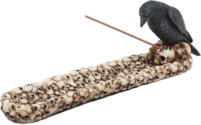 Ebros Gift Macabre Raven Crow Perching On Heap of Skull Incense Burner or Holder Figurine Ossuary Graveyard Death and Alchemy Decor Statue As Accessory for Home or Office Aromatherapy