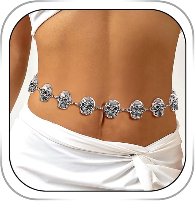 Womens Skull Belly Chain Silver Halloween Belt Chain Punk Skull Waist Chain Gothic Chain Belt for Outfit Jeans Dress