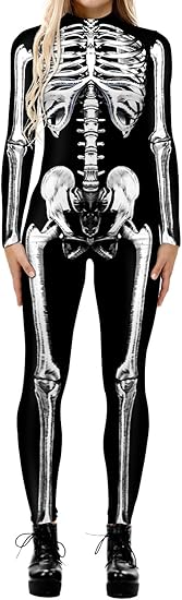Halloween Bodysuits for Women Skeleton Jumpsuit Long Sleeve Halloween Costume Zip-up Skull One Piece Outfit