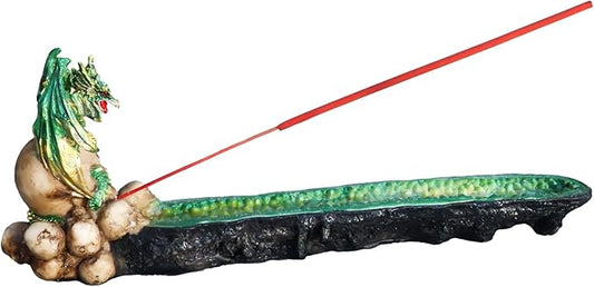 Ebros Gift Green Jade Dragon On Giant Skull Guarding Emerald Green Quartz Crystal Quarry Faux Geode River Incense Burner Holder Figurine Fantasy Mythical Dungeons and Dragons Home Decorative Accent