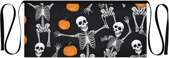 Server Waitress Apron for Women Men Halloween Pumpkin Skull Print, Half Aprons with 3 Pockets for Kitchen Cooking Bistro Work Gardening Mid Length Waist Tie