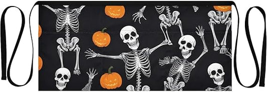 Server Waitress Apron for Women Men Halloween Pumpkin Skull Print, Half Aprons with 3 Pockets for Kitchen Cooking Bistro Work Gardening Mid Length Waist Tie