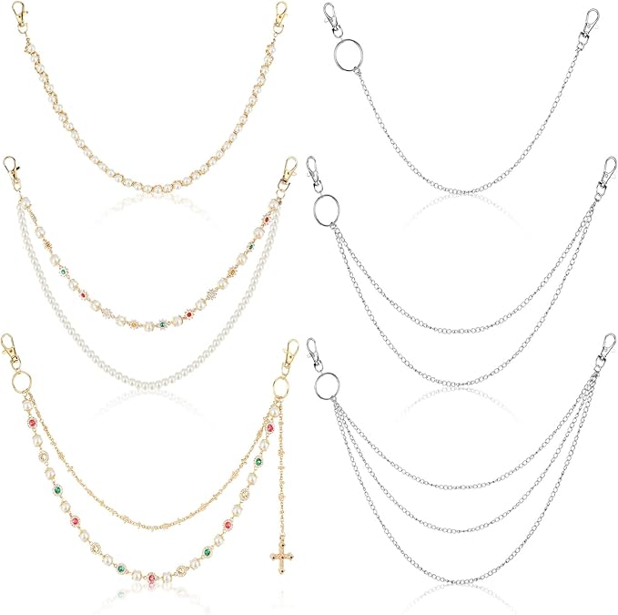 6 Pcs Pant Chains Layered Wallet Chain for Men Women Skull Pearl Chain Jean Accessories Fashion Metal Keychain
