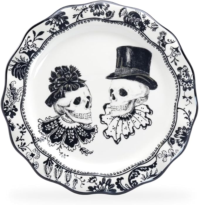 8.5"" Halloween Skulls Ceramic Scallop Shaped Dessert Salad Serving Plate Set of One Plate, Black/White