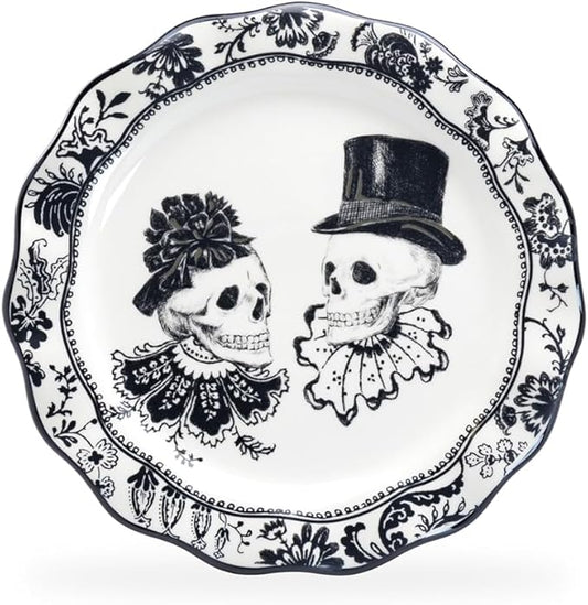 8.5"" Halloween Skulls Ceramic Scallop Shaped Dessert Salad Serving Plate Set of One Plate, Black/White