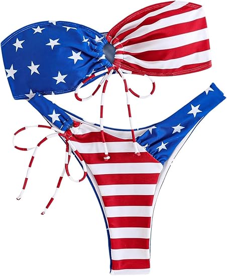 Women's Two Piece Star Striped Bandeau Bikini Set Strapless Bathing Suit