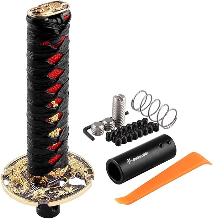 RYANSTAR Samurai Sword Automatic Shift Knob Universal Compatible with Lock/Button Automatic Transmission，Cool Katana Gear Shifter Metal Weighted Black&Red