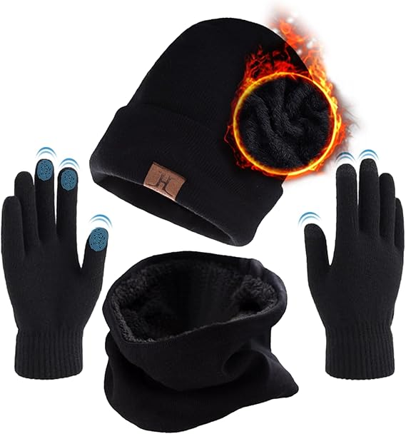Winter Beanie Hats Scarf Touchscreen Gloves Set for Men Women Thick Beanies Skull Cap Neck Warmer with Warm Knit Fleece Lined