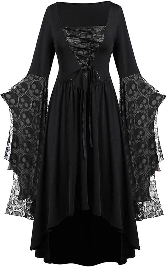 Women Vintage Maxi Dresses Gothic Plus Size Skull Lace Print Halloween Party Dress Long Sleeve Bandage Swing Dress