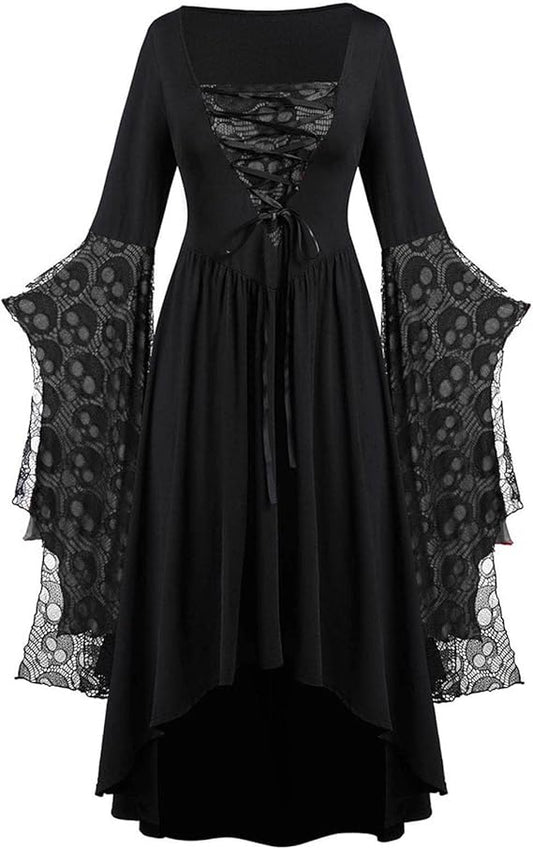 Women Vintage Maxi Dresses Gothic Plus Size Skull Lace Print Halloween Party Dress Long Sleeve Bandage Swing Dress