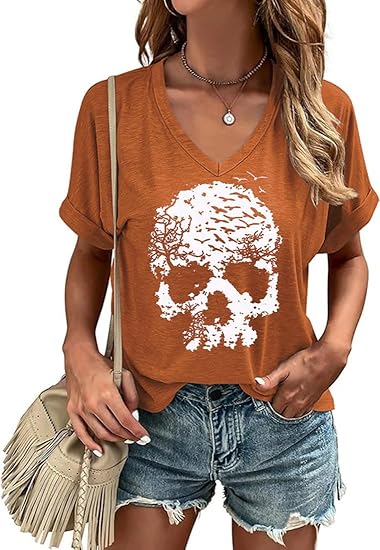 Fall V Neck T Shirt Funny Halloween Thanksgiving Graphic Tee Casual Family Halloween Costume Tops