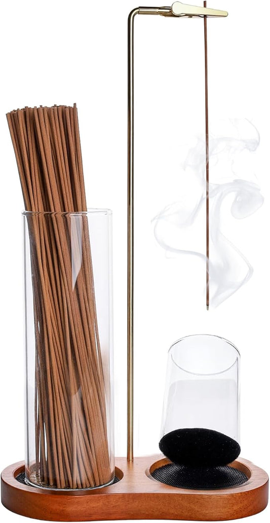 Incense Holder for Sticks,Glass Cups Doesn't Fall Over with Extra Adhesive-Backed Hook and Loop Fastener,2 in-1 Incense Burner for Meditation, Yoga, Spa,Home Decor (Dark Wood Base)