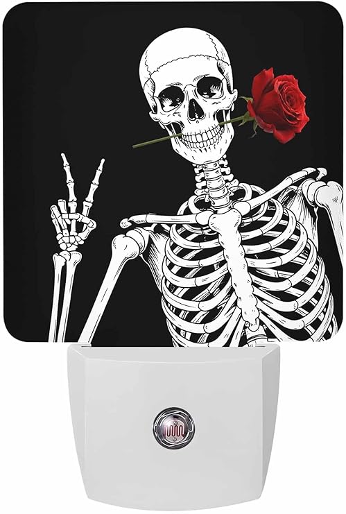 Halloween Night Lights Auto Sensor Rose Skull Plug-in LED Nightlights Dusk to Dawn for Living Room, Bedroom, Bathroom, Kitchen, Stairways, Hallway Wall Decor, Black Funny Skeleton Night Light