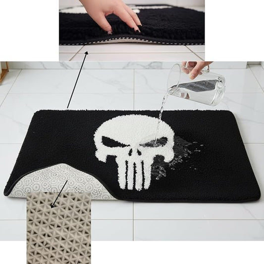 Punisher Skull Bath Mat Black and White Gothic Bathroom Rug, Non-Slip Absorbent Microfiber Skull Face Mat for Bathroom Decor, Horror or Witchy Home, Machine Washable Bath Rug for Aesthetic, Wall
