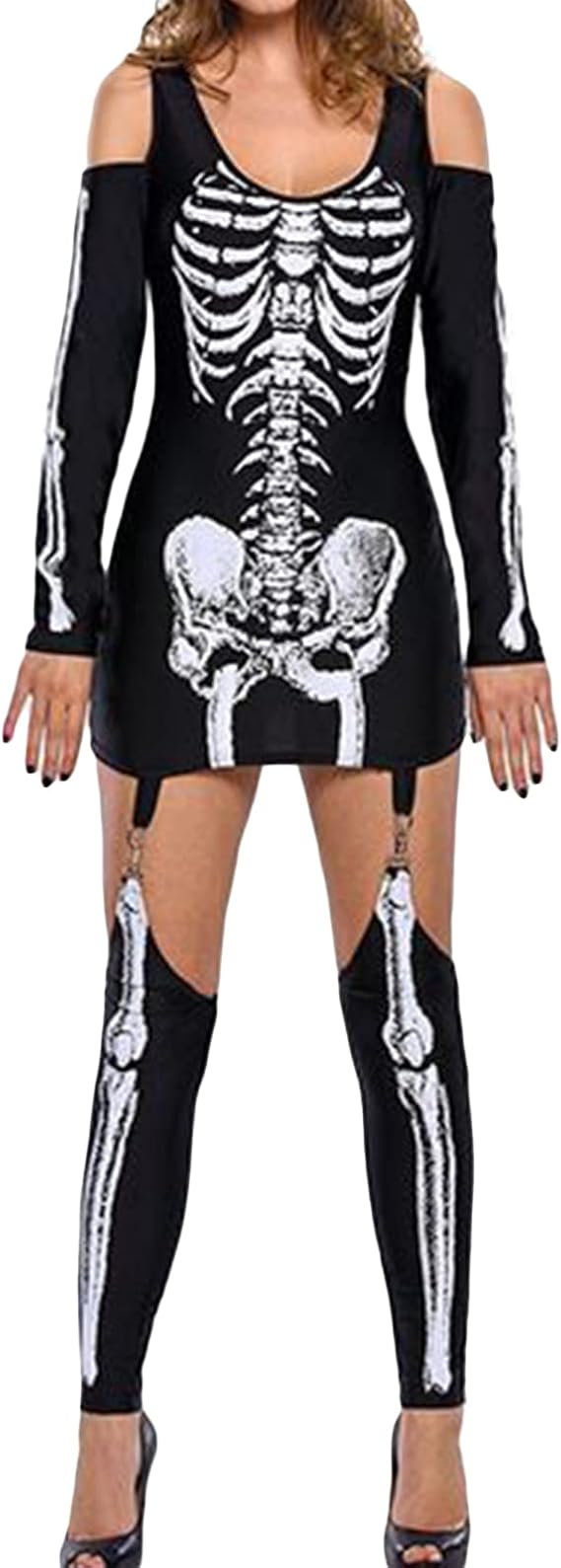 Women Halloween Skeleton Dress Outfit Cold Shoulder Long Sleeve Scoop Neck Skull Printed Costume Dress with Stockings