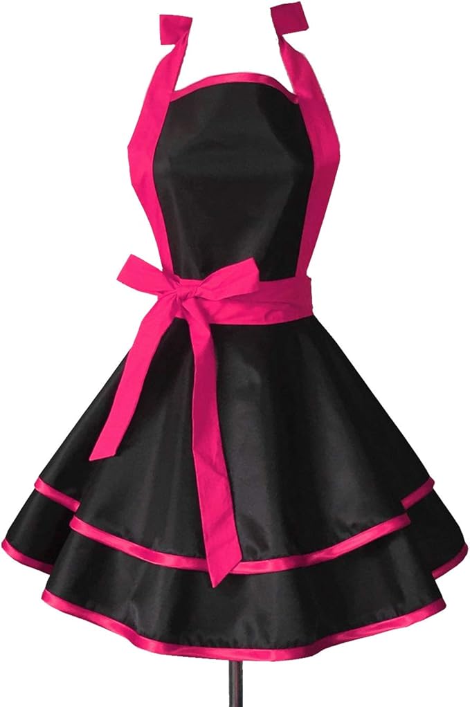 Hyzrz Lovely Handmade Cotton Retro Black Aprons for Women Girls Cake Kitchen Cook Apron for Mother's Gift (Red Rose)