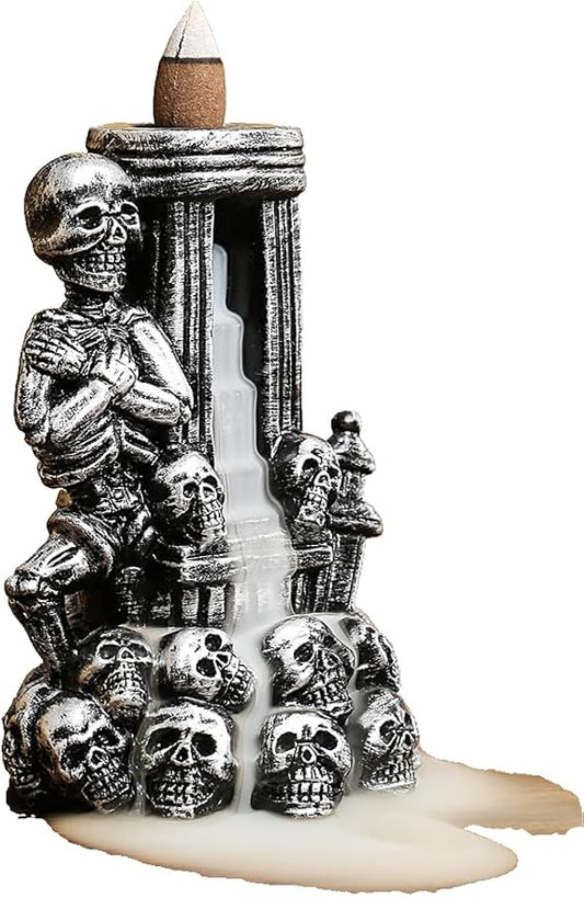Gothic Skull Backflow Incense Burner, Dark Aesthetic Resin Incense Holder with Pillar & Skull Base, Unique Backflow Cone Burner for Mystical Home Decor, Altar & Halloween Display