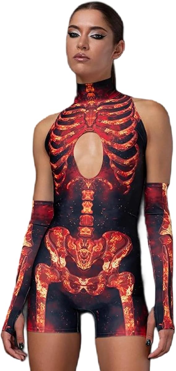 Women's Halloween Skeleton Shirt See Through Sheer Mesh Top Blouse Rave Costume With Gloves