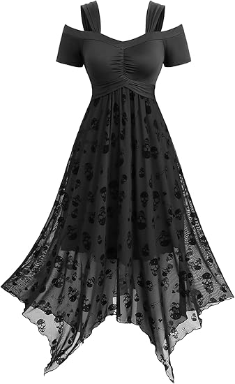 Women's Ruched Skulls Flocking Mesh Asymmetrical Cold Shoulder Dress