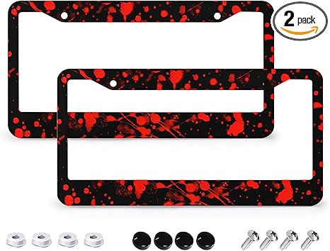 Blood Splattered Red Black License Plate Frames - 2 Pcs Set 2 Holes Metal Aluminum Auto Car Accessories Decoration License Plate Frame 6.3" x 12.2" Fit US Vehicles for Women Men Gift