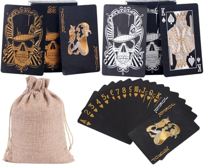2 Pack Skull Playing Cards Black Poker Cards Waterproof Plastic Black Foil Playing Cards Highly Flexible,2 Decks of Cards with Bag(Gold+Black 3)