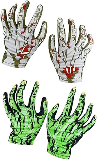 2 Pairs Halloween Costume Accessories Sketeton Gloves Skull Gloves,Novelty Gloves for Kids 3-8 Years(Gray+Green (Kids))