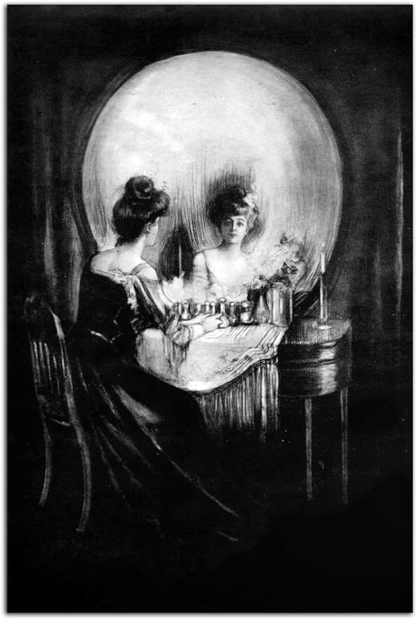 QUNYAAE Halloween Skull Vanity Reflecting Woman Illusion Art Surreal Poster Woman Vanity Wall Art Picture Print Canvas Painting Home Bedroom Bathroom Decor Poster (16x24inch(40x60cm)-Unframed)