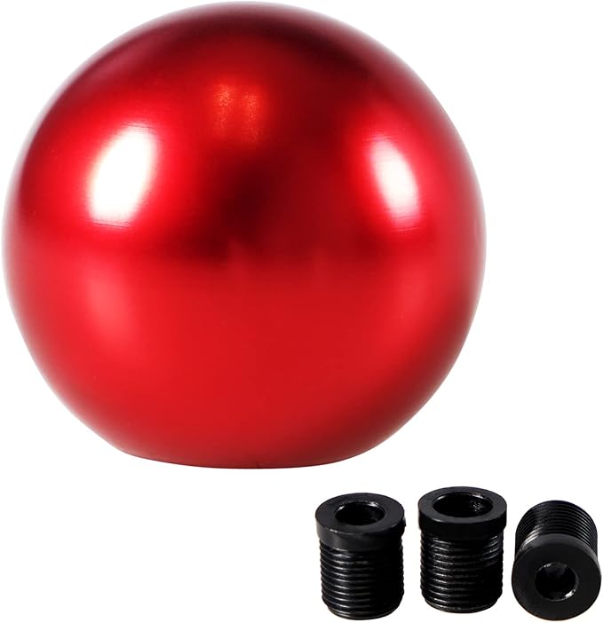Universal Round Ball Gear Shift Knob,Chrome Finish Aluminum Shifter Knobs with 3 Adapters Compatible with Manual and Automatic Transmission Car(Red)