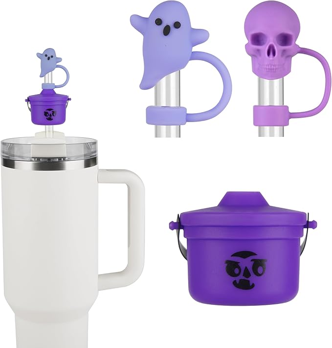 Funny Halloween Buckets Straw Covers for Stanley Cup - Cute Ghost Skull Toppers Compatible With 30&40 OZ 10mm Straw - Halloween Covers Cap for Tumble Cups