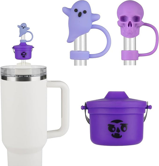 Funny Halloween Buckets Straw Covers for Stanley Cup - Cute Ghost Skull Toppers Compatible With 30&40 OZ 10mm Straw - Halloween Covers Cap for Tumble Cups
