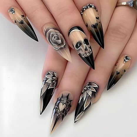 Skull Press ons Fingernails Dead Heart Stick on Nail 24Pcs Halloween Press on Nails Glossy Black Rose Medium Almond False Nail Rhinestones Gel Glue on Acrylic Fake Nails for Holiday Gift