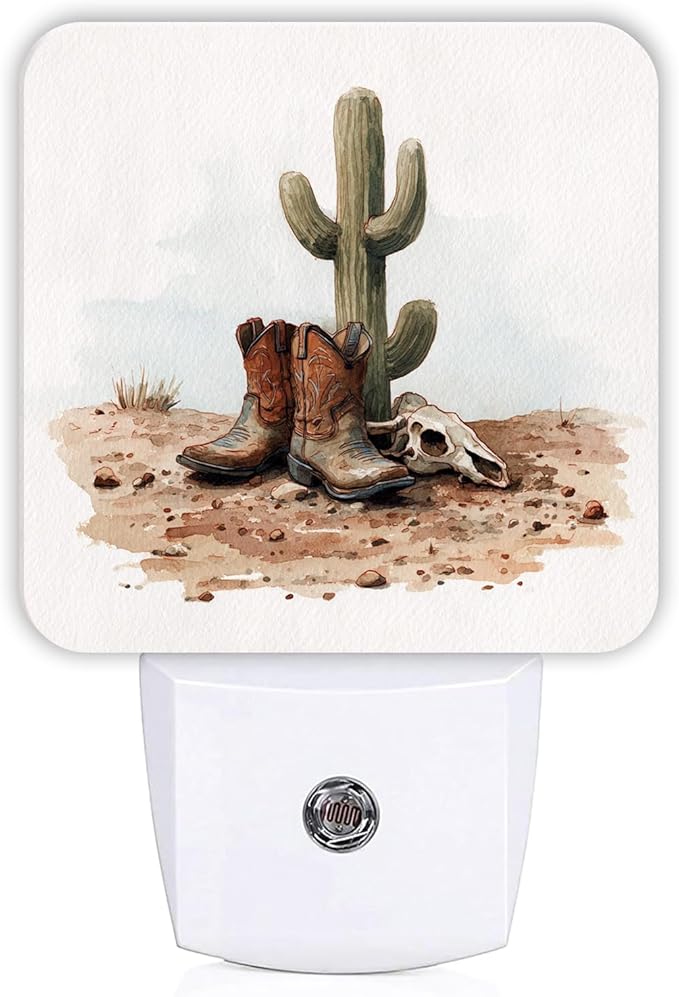 Cowboy Boots Night Lights Plug Into Wall, Western Rustic Cactus Skull Fall Brown Automatic Plug in Night Lights with Sensor for Living Room Family Room Bedroom Decor 1pcs