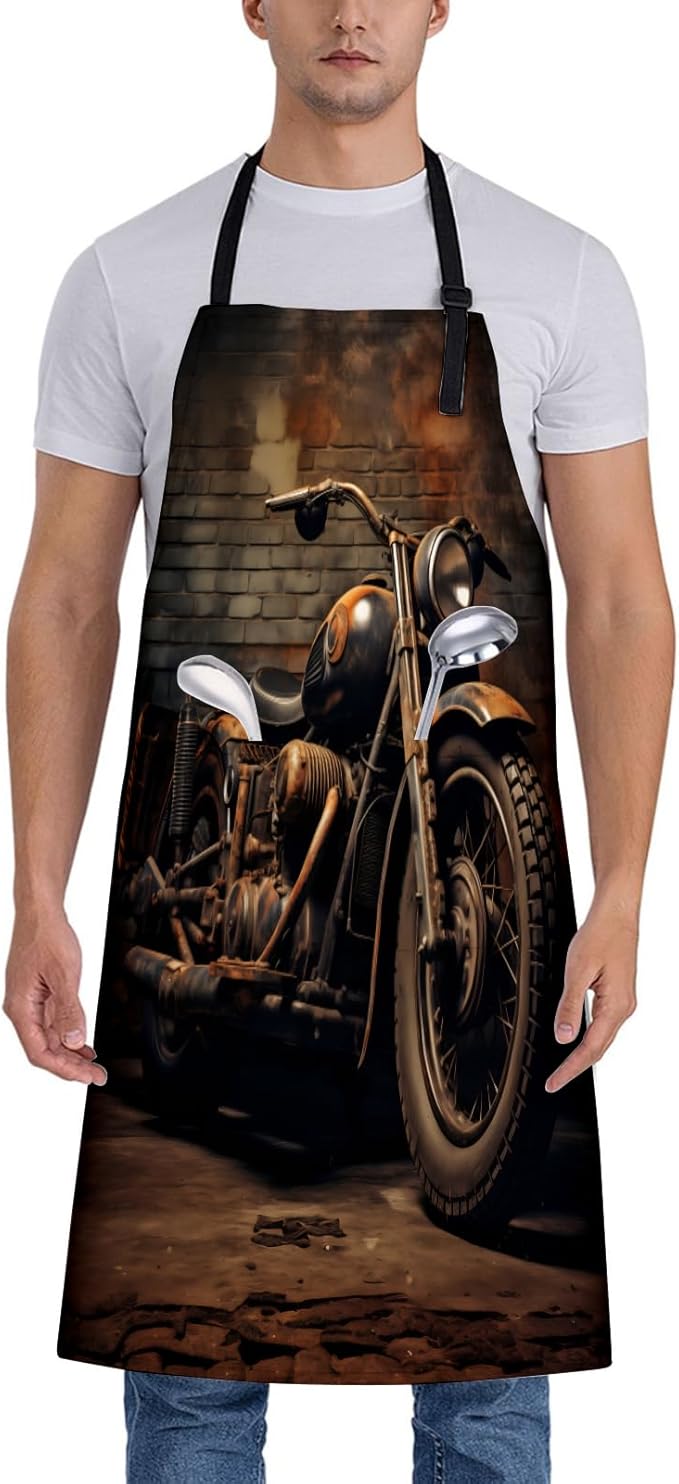 Vintage Motorcycle Apron for Women, 28x33in, Kitchen Chef Aprons with 2 Pockets, Polyester, Rider Apron for Cooking BBQ Baking Gardening Chef, Gifts for Mom Wife Dad