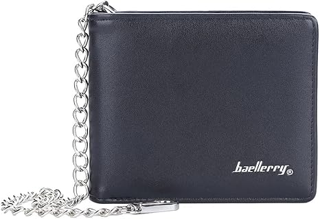PINKPIN Mens Wallet with Chain, PU Leather Card Wallet Anti-Theft Short Wallet Chain for Biker, Motorcycle (Black)