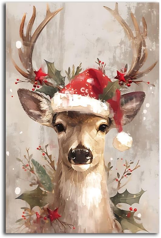 NTEUMM Christmas Wall Art, Printable Reindeer Still Life Painting, Rustic Christmas Decorative Art, Xmas Picture Print, Vintage Holiday Art Print Poster Canvas Roll 16x24 inch