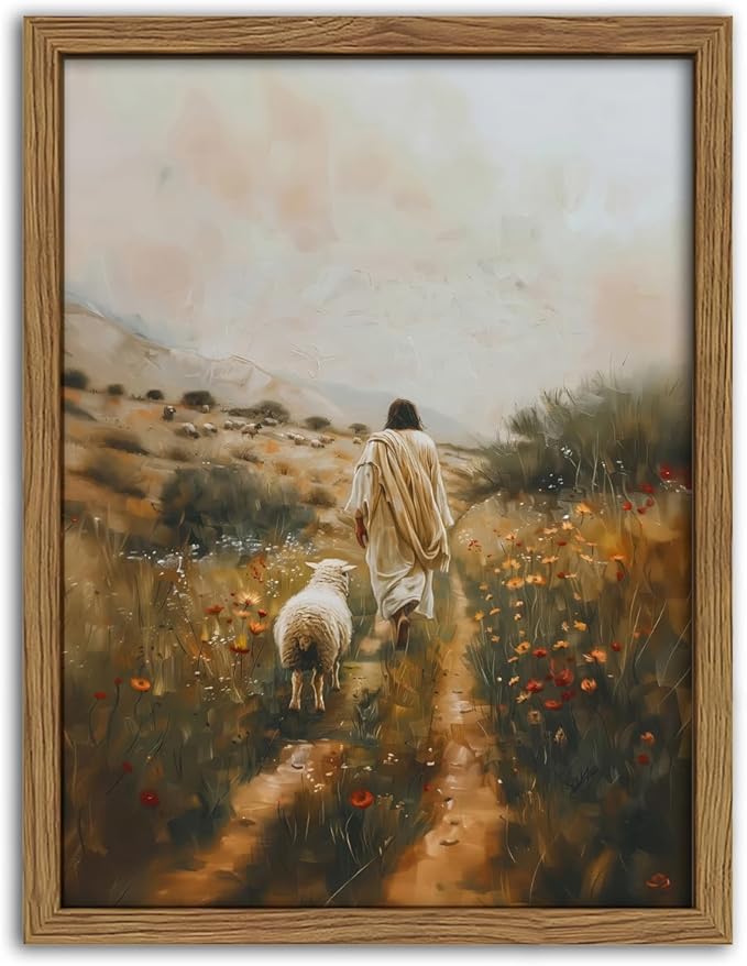 Jesus Leaves the 99 Sheep Canvas Wall Art Christian Wall Decor Picture Jesus and Lamb Painting The Lost Sheep Posters Prints for Living Room Bedroom Church Prayer Home Decor 16x24Inch Wood Framed