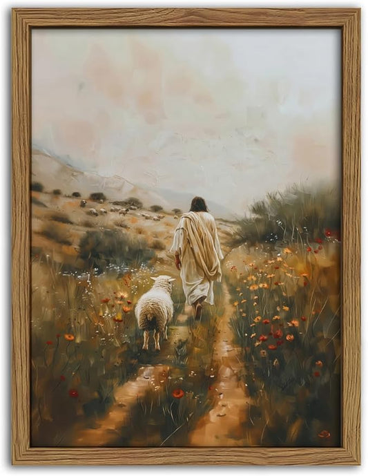 Jesus Leaves the 99 Sheep Canvas Wall Art Christian Wall Decor Picture Jesus and Lamb Painting The Lost Sheep Posters Prints for Living Room Bedroom Church Prayer Home Decor 16x24Inch Wood Framed