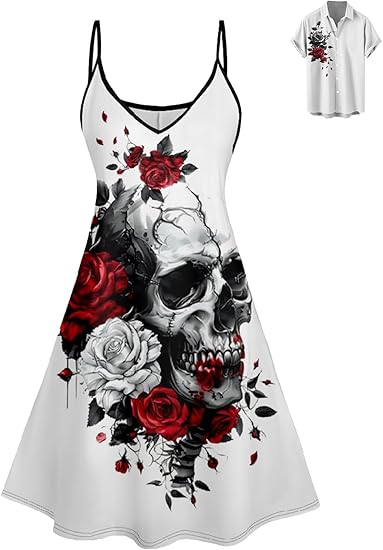 Matchable Couples' Outfit Rose Skull Print Men's Shirt Or Women's Spaghetti Strap Dress