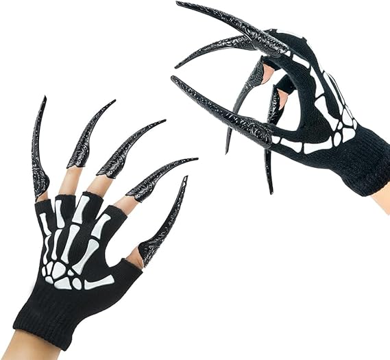 Skeleton Gloves, Long Finger Black Metal paws gloves,scary stuff,Devil Queen witch,Vampire Demon Crow Cat Cosplay Costume,Halloween contacts accessories (Gloves &10 PCS Paw)