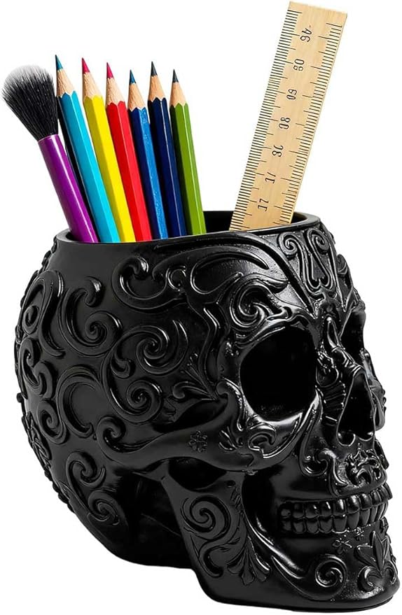 CUZOKOLA Goth Accessories Black Skull Decor for Pen Holder with Strong Resin,Skull Makeup Brush Holder for Vanity Decor,Office Organizer,Skull Planter
